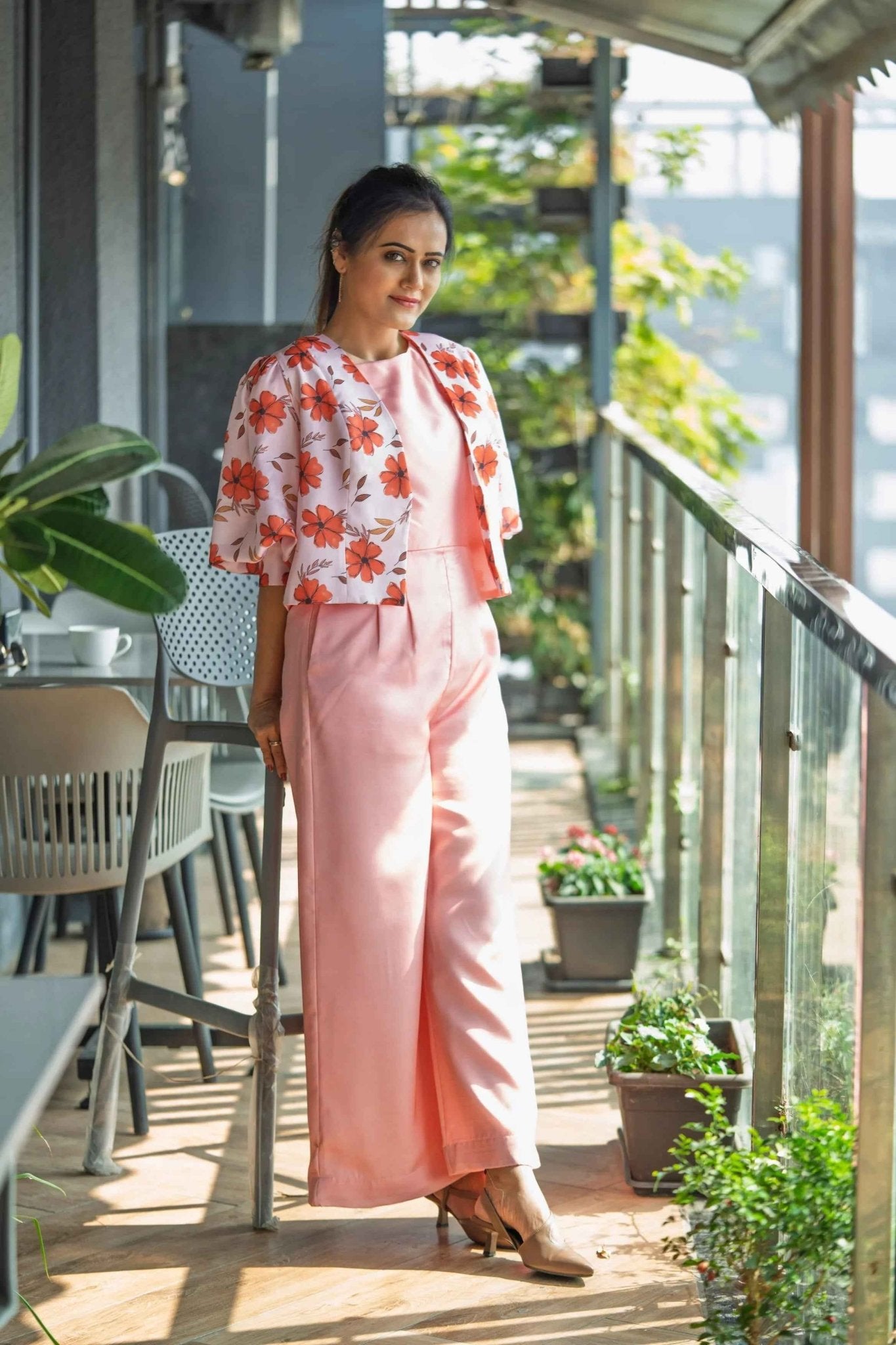 Peach Blossom Duo – Satin Jumpsuit & Printed Jacket